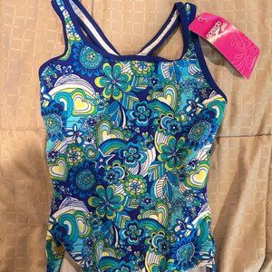 Girls SPEEDO  Blue & Green Floral One-Piece Bathing Suit - size 14 - NEW, NWT